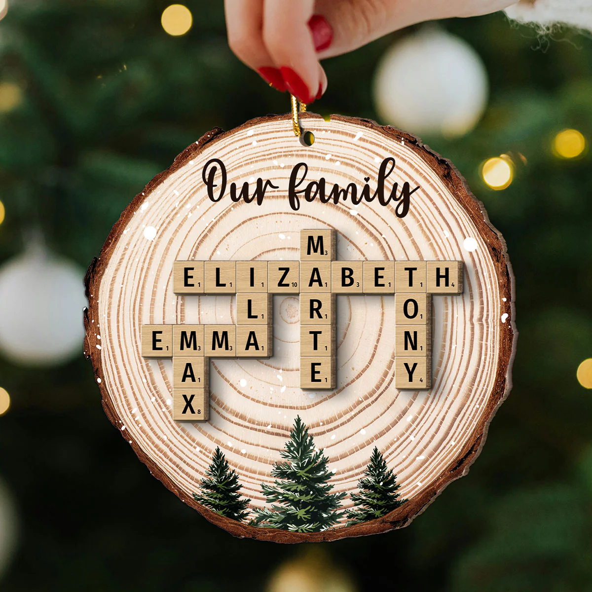 Christmas Tree Wood Pattern Family Names Puzzle Crossword Personalized 2-Layer Wooden Ornament, Christmas Gift For Family - Image 4