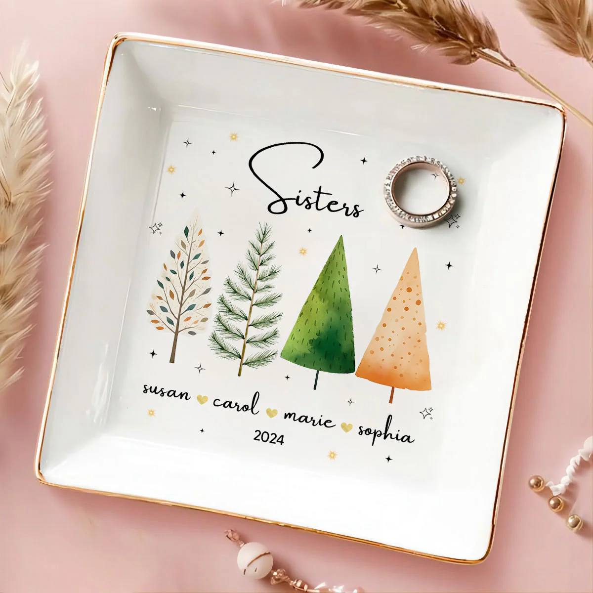 Christmas Trees Besties Sisters Personalized Jewelry Dish, Bridesmaid Gift, Best Friend Flower Ring Dish, Gift for Bestie, Christmas Gifts - Image 2