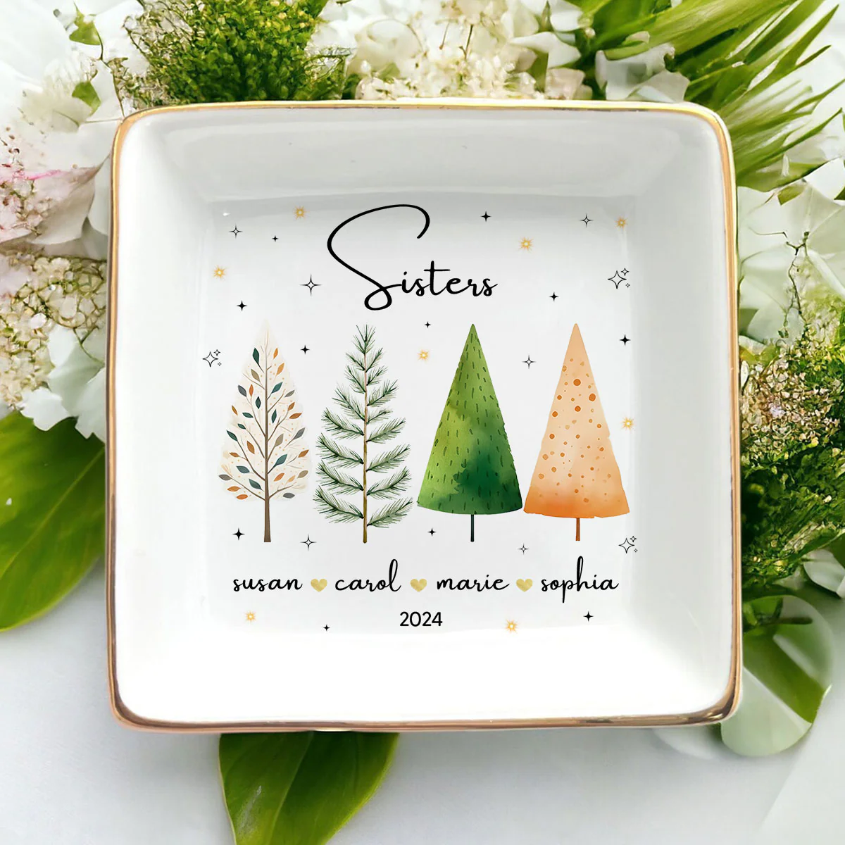 Christmas Trees Besties Sisters Personalized Jewelry Dish, Bridesmaid Gift, Best Friend Flower Ring Dish, Gift for Bestie, Christmas Gifts - Image 3