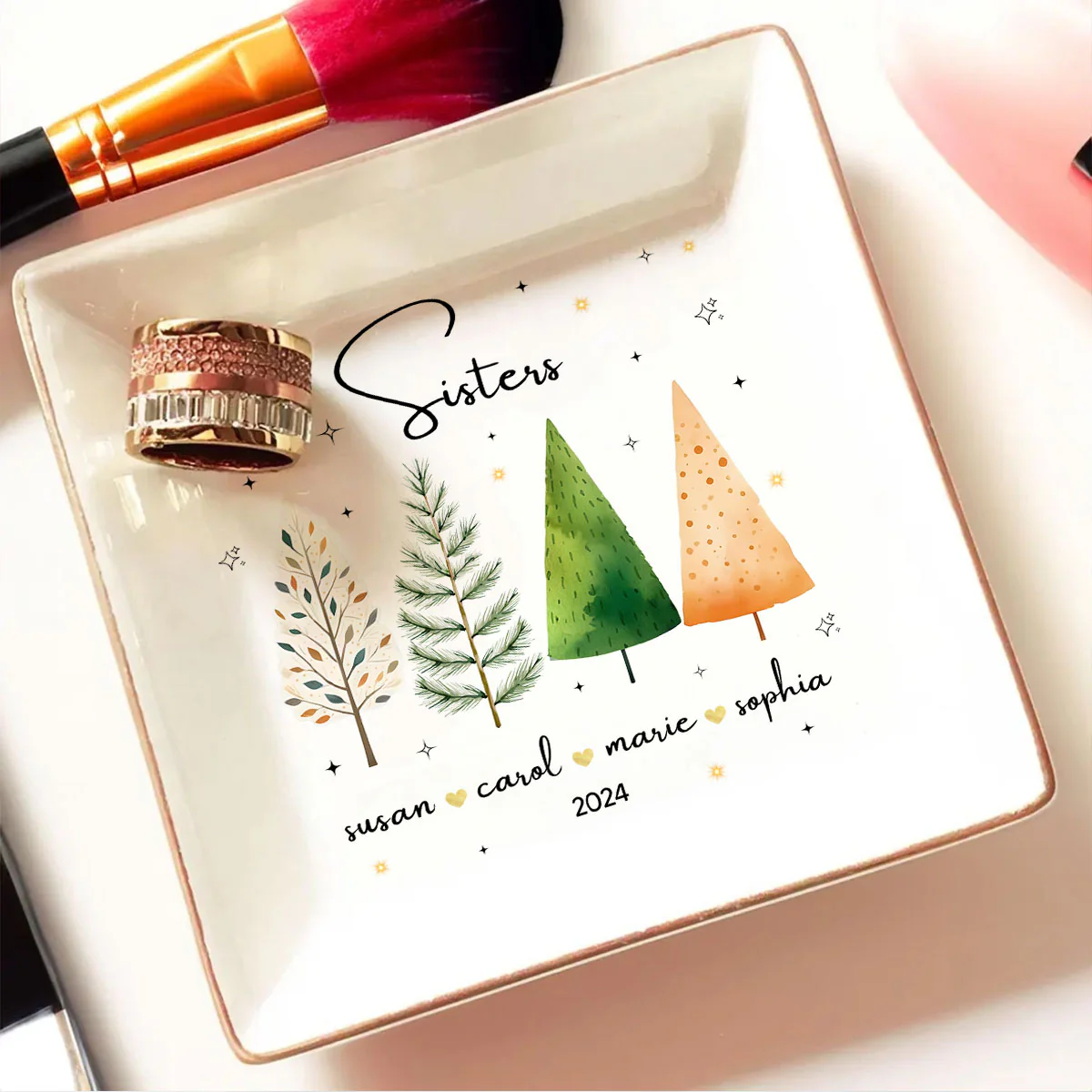 Christmas Trees Besties Sisters Personalized Jewelry Dish, Bridesmaid Gift, Best Friend Flower Ring Dish, Gift for Bestie, Christmas Gifts - Image 4