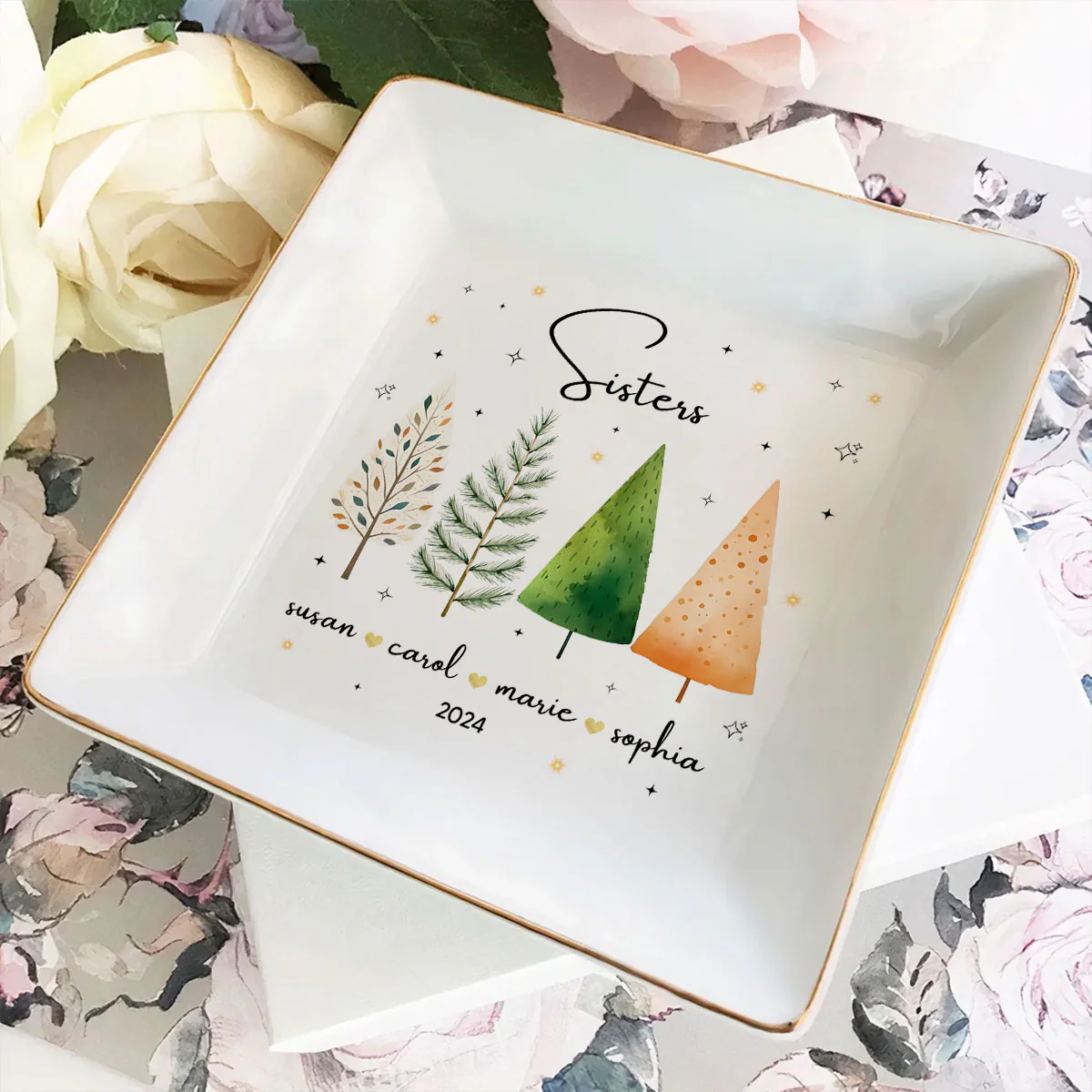 Christmas Trees Besties Sisters Personalized Jewelry Dish, Bridesmaid Gift, Best Friend Flower Ring Dish, Gift for Bestie, Christmas Gifts - Image 6