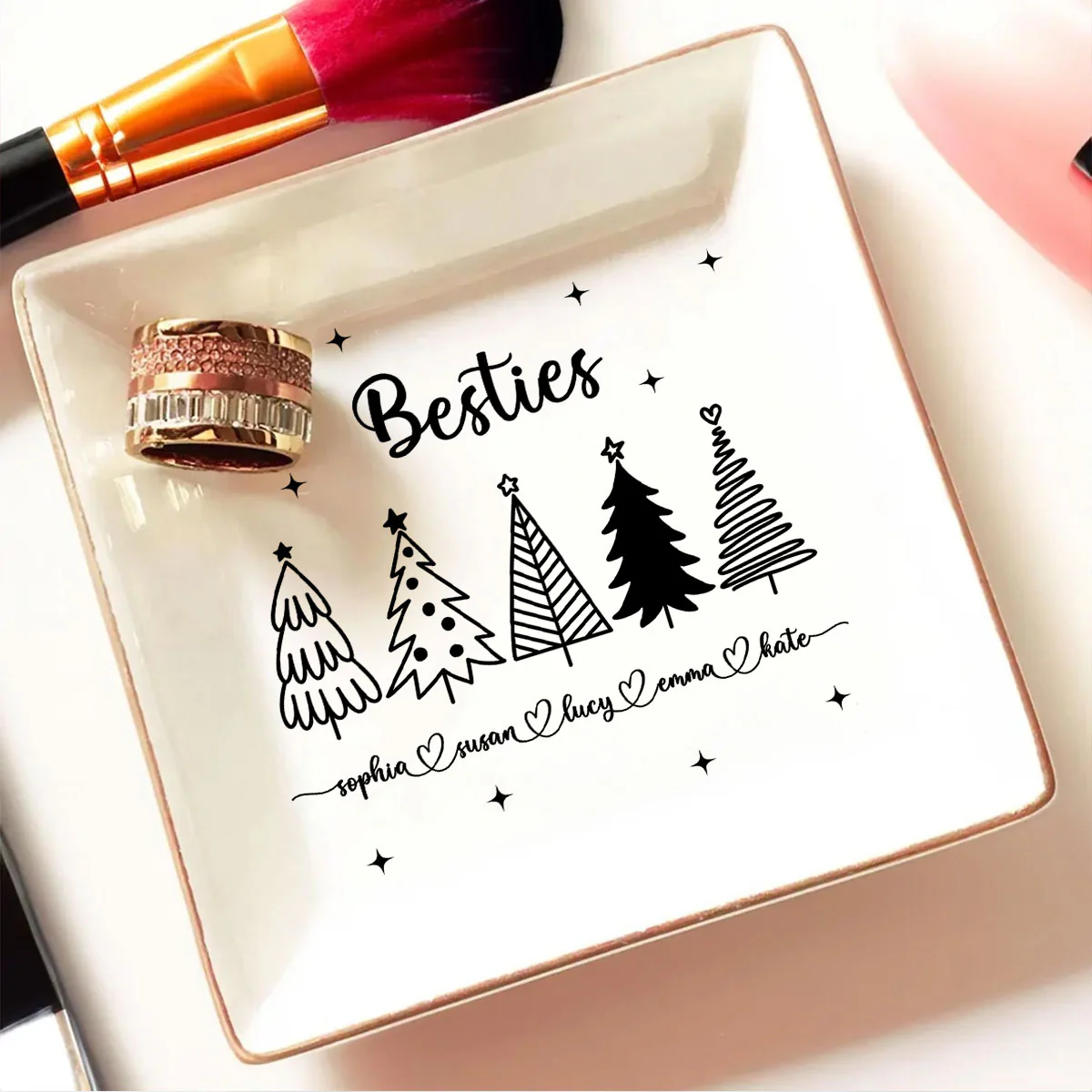 Christmas Trees Outline Besties Sisters Personalized Jewelry Dish, Bridesmaid Gift, Best Friend Flower Ring Dish, Gift for Bestie, Christmas Gifts - Image 2