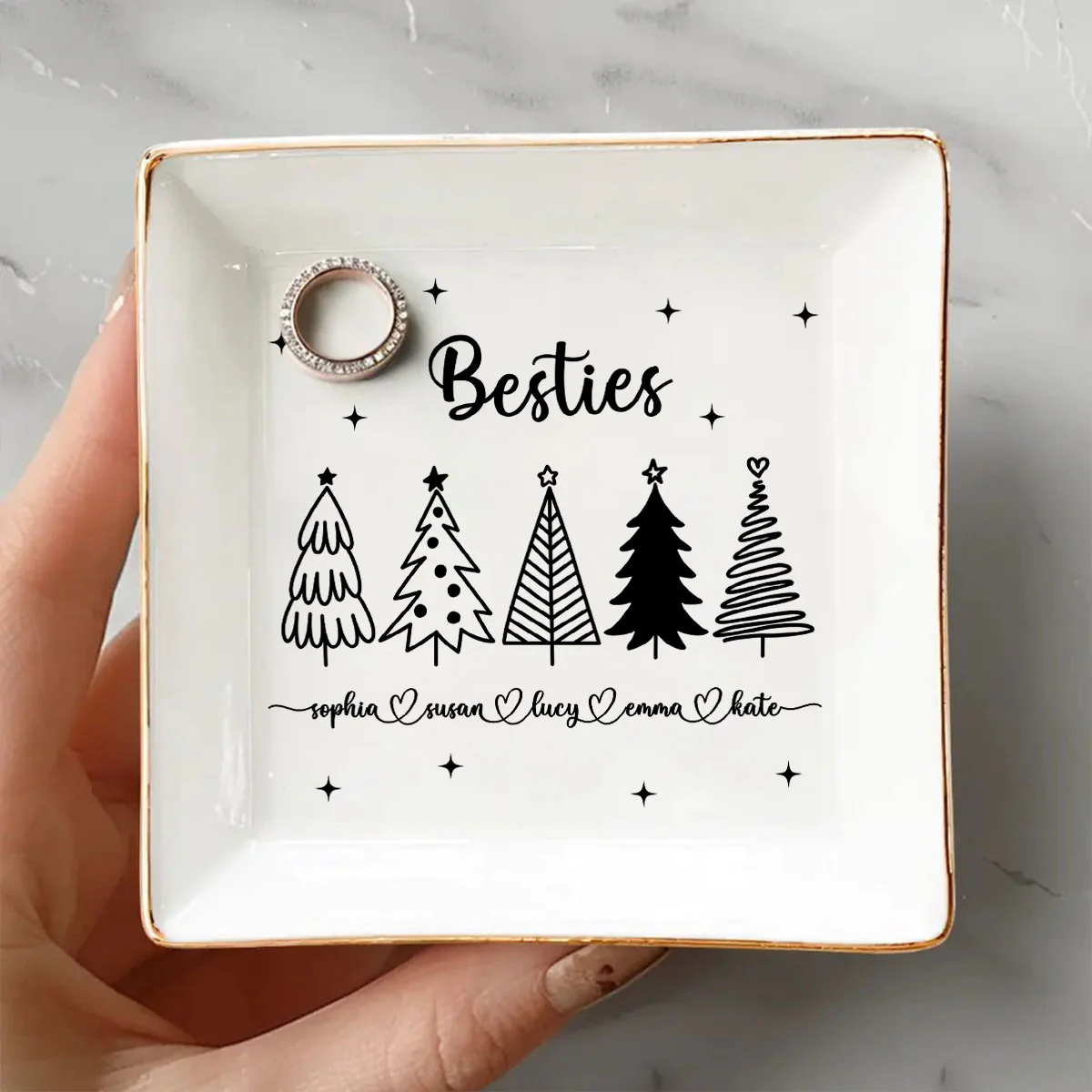 Christmas Trees Outline Besties Sisters Personalized Jewelry Dish, Bridesmaid Gift, Best Friend Flower Ring Dish, Gift for Bestie, Christmas Gifts - Image 3