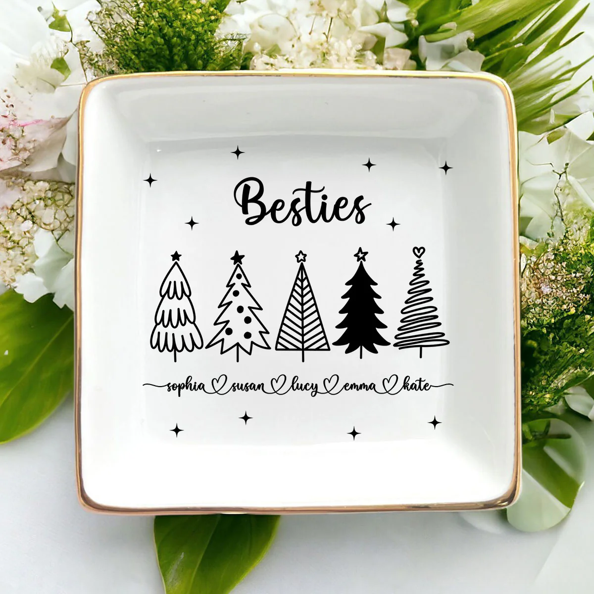 Christmas Trees Outline Besties Sisters Personalized Jewelry Dish, Bridesmaid Gift, Best Friend Flower Ring Dish, Gift for Bestie, Christmas Gifts - Image 4