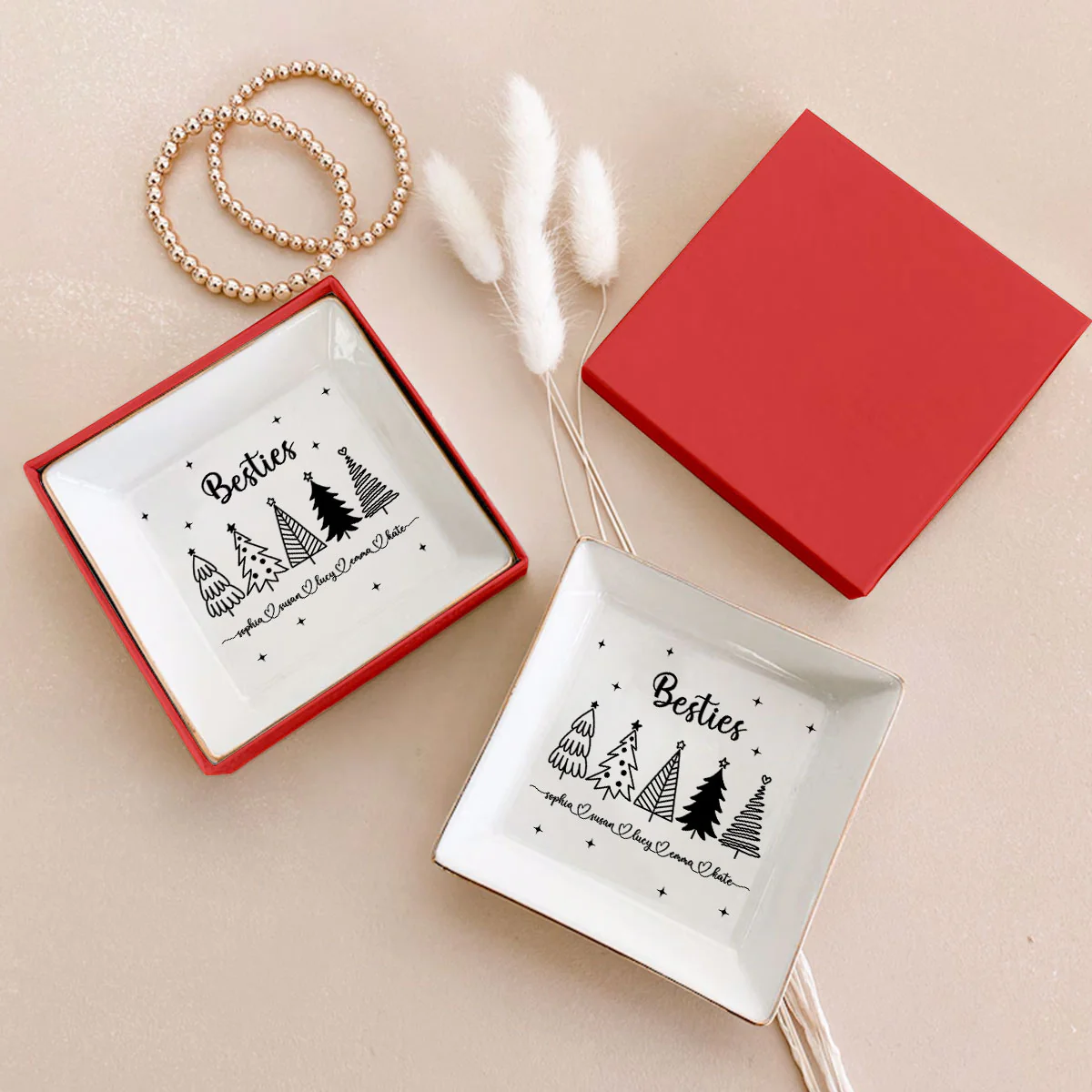 Christmas Trees Outline Besties Sisters Personalized Jewelry Dish, Bridesmaid Gift, Best Friend Flower Ring Dish, Gift for Bestie, Christmas Gifts - Image 5