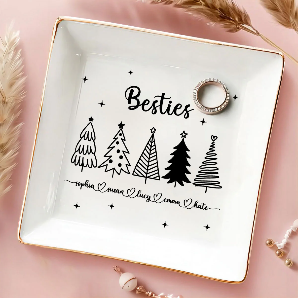 Christmas Trees Outline Besties Sisters Personalized Jewelry Dish, Bridesmaid Gift, Best Friend Flower Ring Dish, Gift for Bestie, Christmas Gifts - Image 6