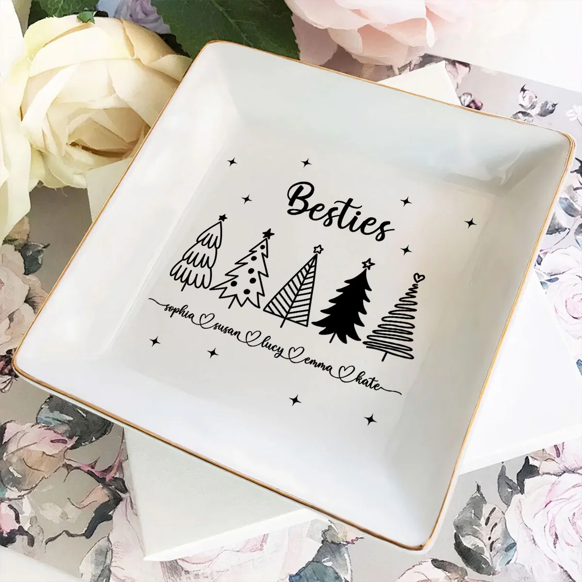 Christmas Trees Outline Besties Sisters Personalized Jewelry Dish, Bridesmaid Gift, Best Friend Flower Ring Dish, Gift for Bestie, Christmas Gifts - Image 7
