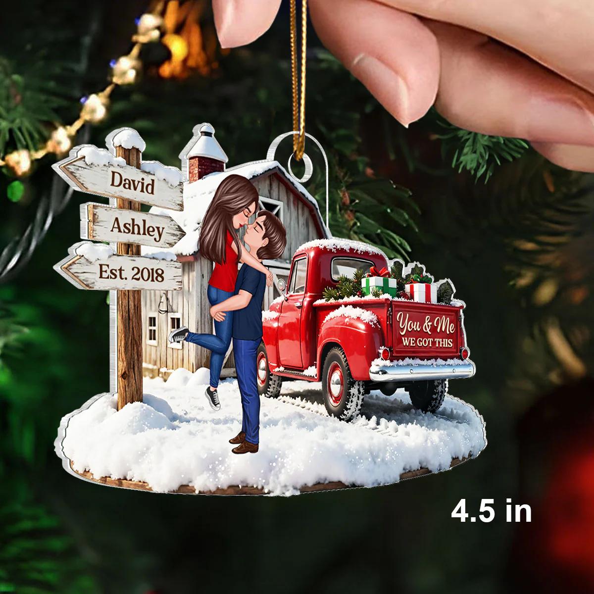Christmas Truck Barn House Couple Sign Post - Personalized Acrylic Ornament - Christmas Gift For Her, For Him, For Couple - Image 2