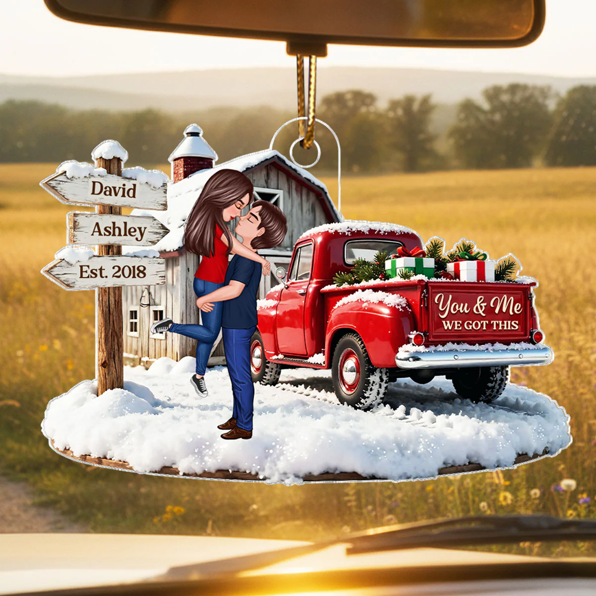 Christmas Truck Barn House Couple Sign Post - Personalized Acrylic Ornament - Christmas Gift For Her, For Him, For Couple - Image 3