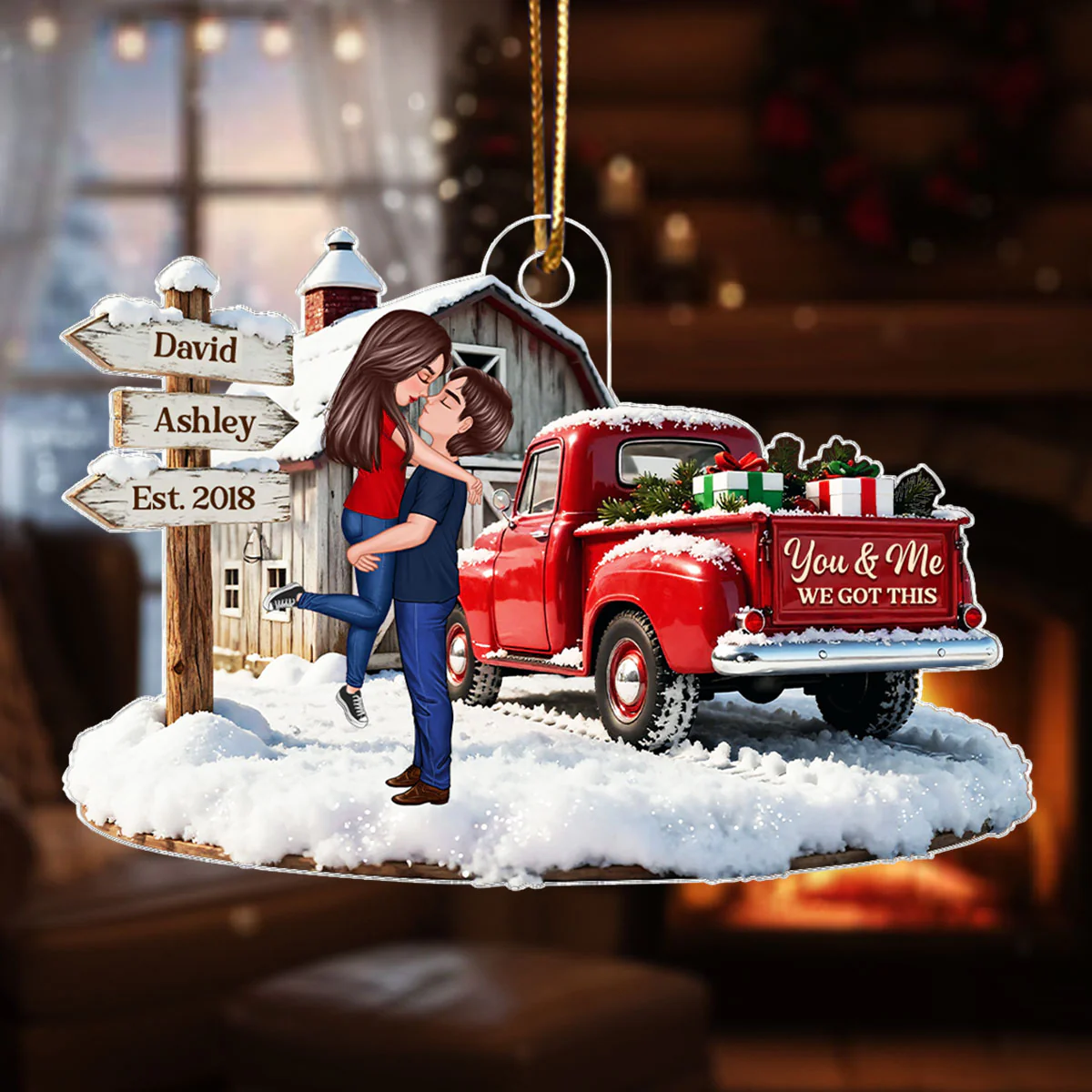 Christmas Truck Barn House Couple Sign Post - Personalized Acrylic Ornament - Christmas Gift For Her, For Him, For Couple - Image 4