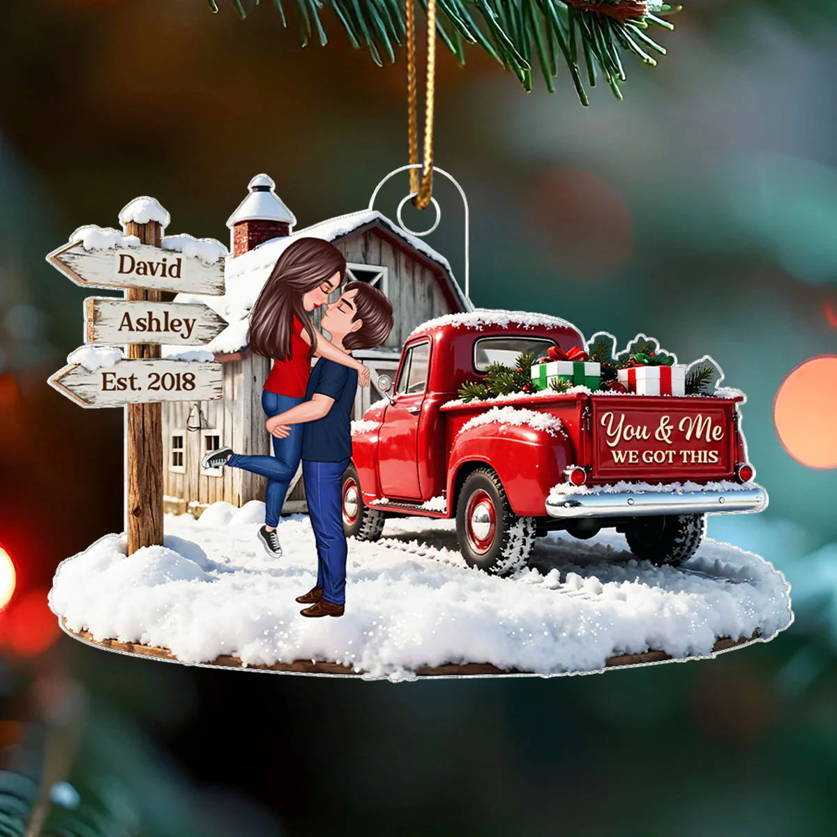 Christmas Truck Barn House Couple Sign Post - Personalized Acrylic Ornament - Christmas Gift For Her, For Him, For Couple - Image 5