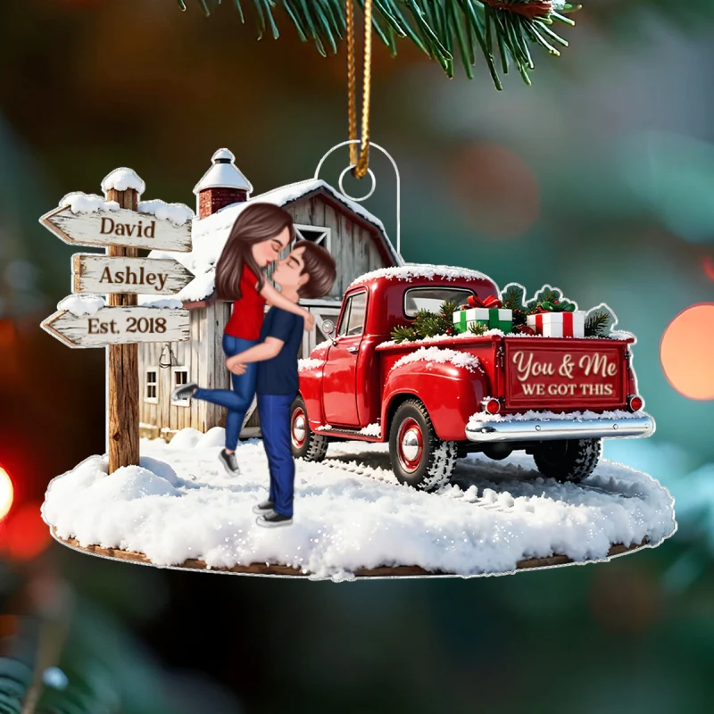 Christmas Truck Barn House Couple Sign Post - Personalized Acrylic Ornament - Christmas Gift For Her, For Him, For Couple - Image 8