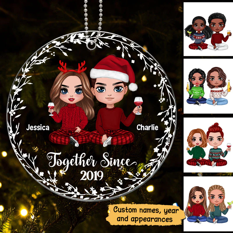 Christmas White Wreath Doll Couple Personalized Acrylic Ornament
