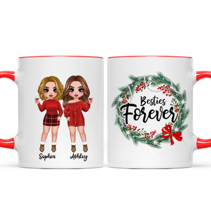 Christmas Wreath Doll Besties Standing Personalized Mug - Image 5