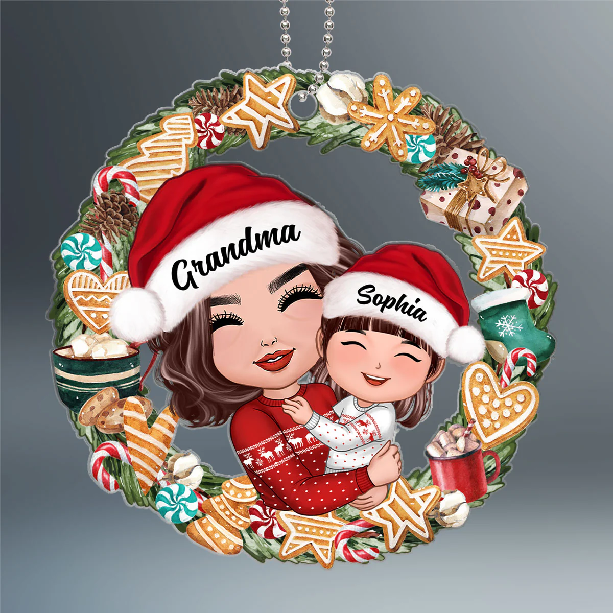 Christmas Wreath Ginger Bread Grandma Hugging Grandkids Personalized Acrylic Ornament - Image 2