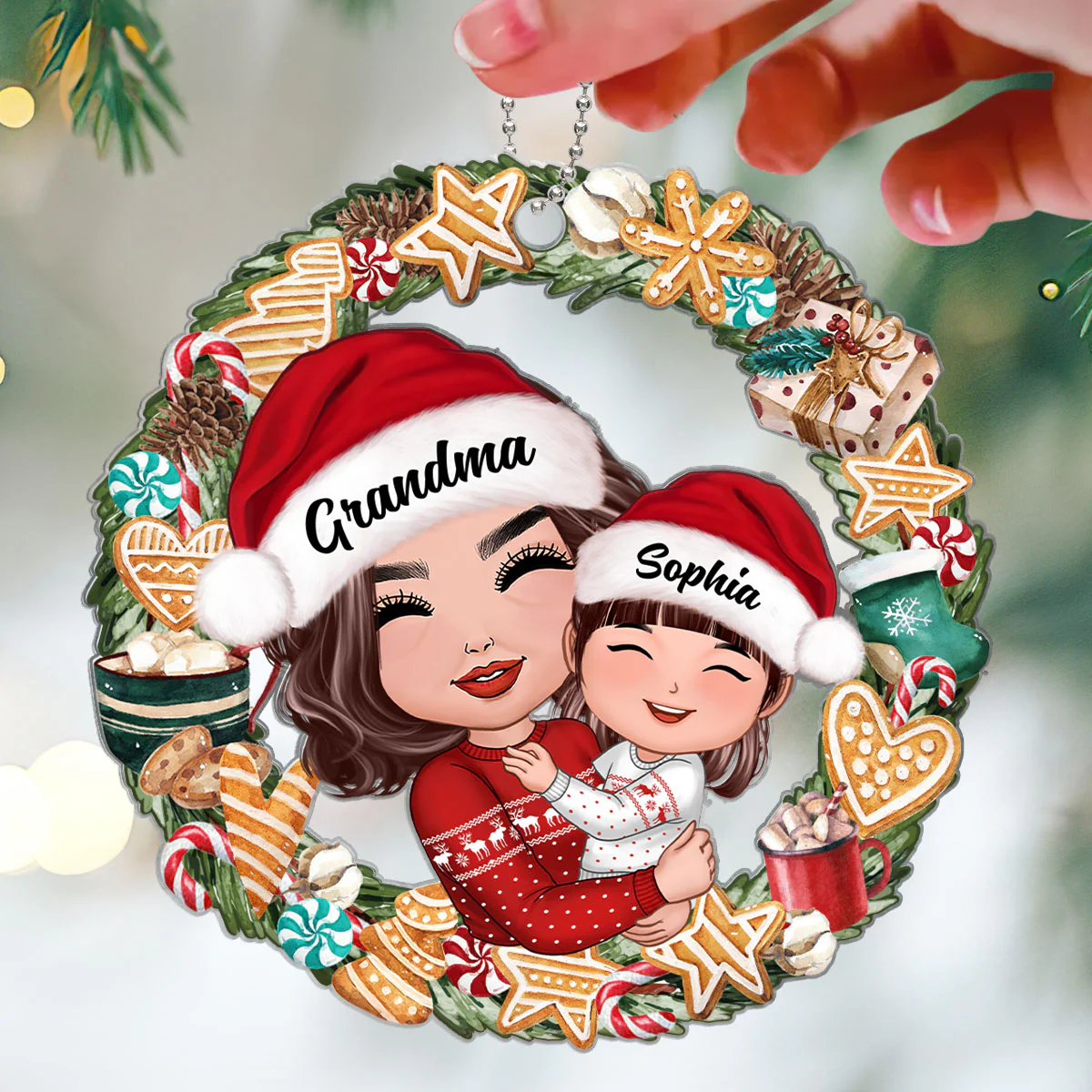 Christmas Wreath Ginger Bread Grandma Hugging Grandkids Personalized Acrylic Ornament - Image 3