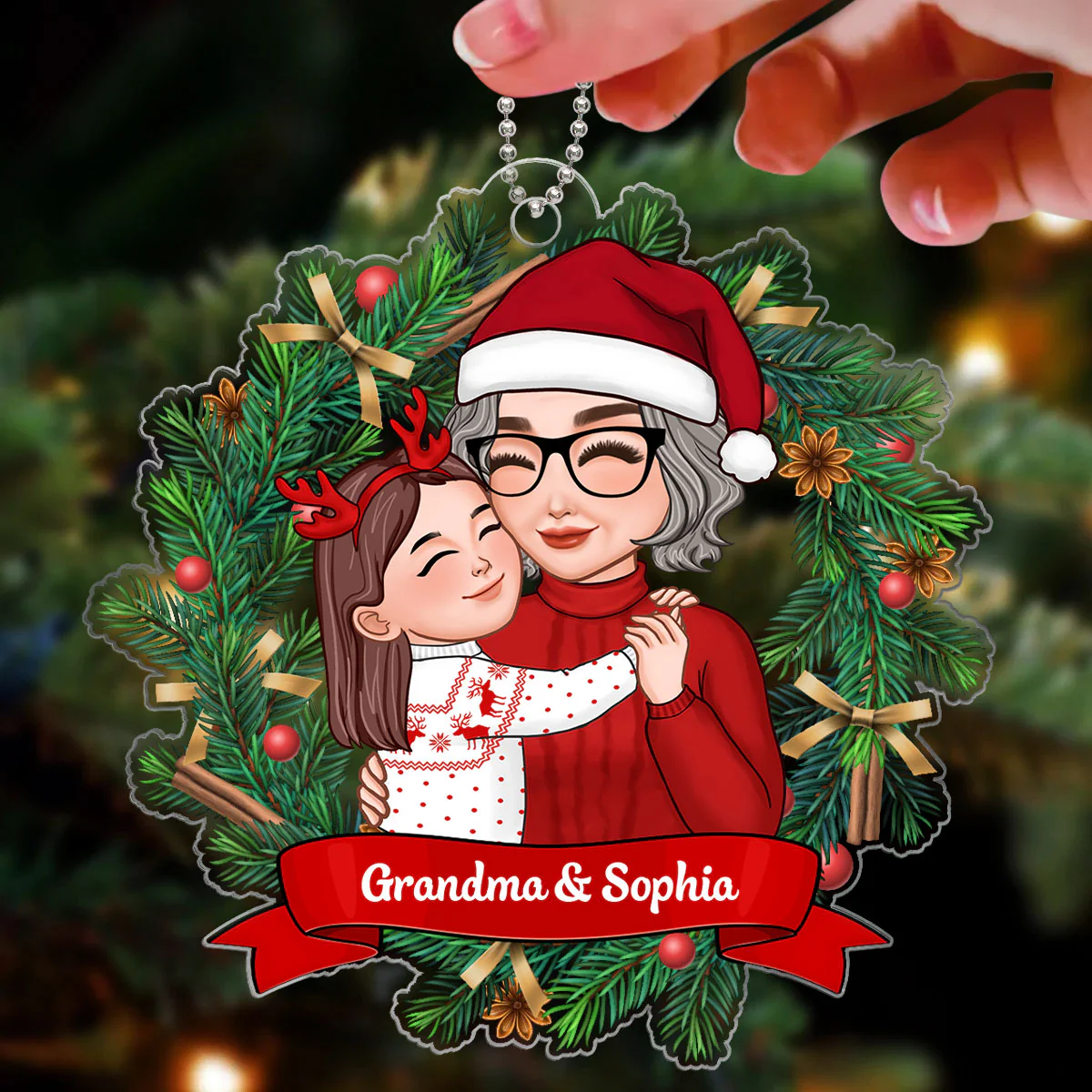 Christmas Wreath Grandma Grandkid Hugging Personalized Acrylic Ornament - Image 3