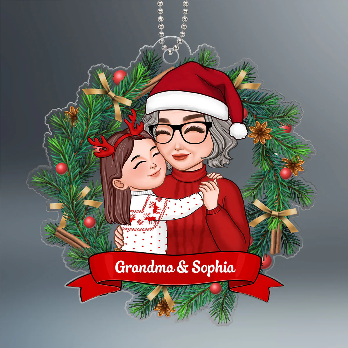 Christmas Wreath Grandma Grandkid Hugging Personalized Acrylic Ornament - Image 7