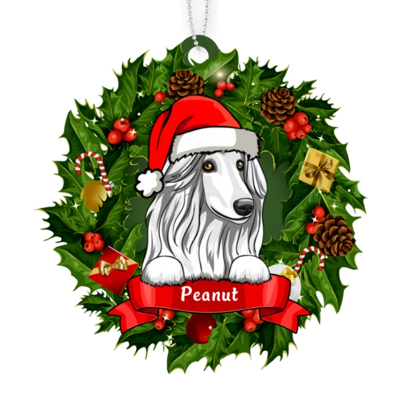 Christmas Wreath Peeking Dogs Personalized Wooden Ornament