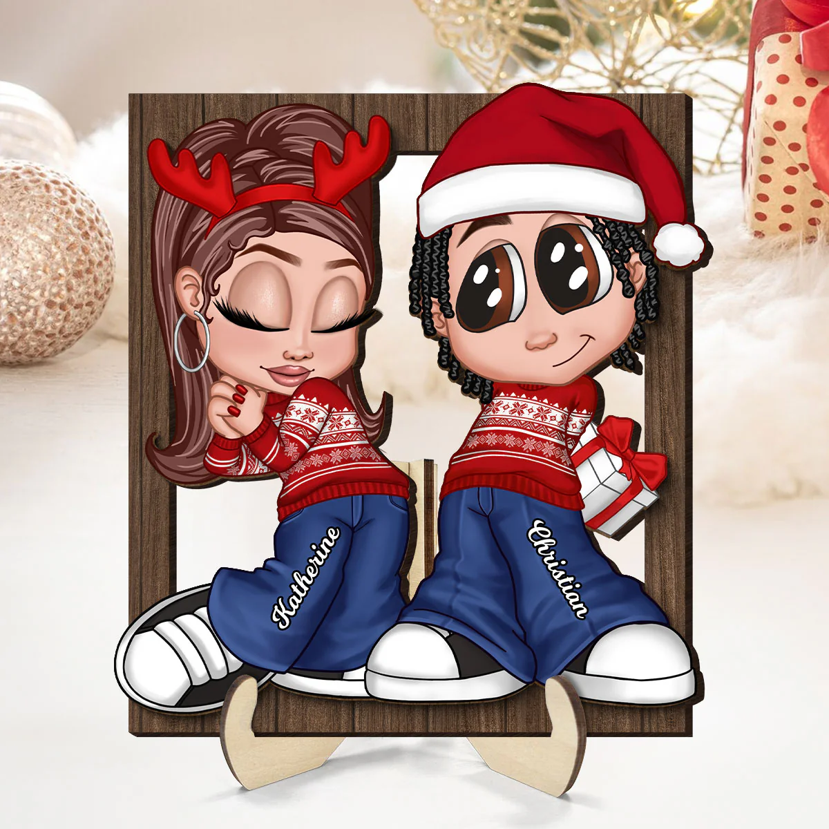 Christmas Y2K Couple Frame Personalized 2-Layer Wooden Plaque