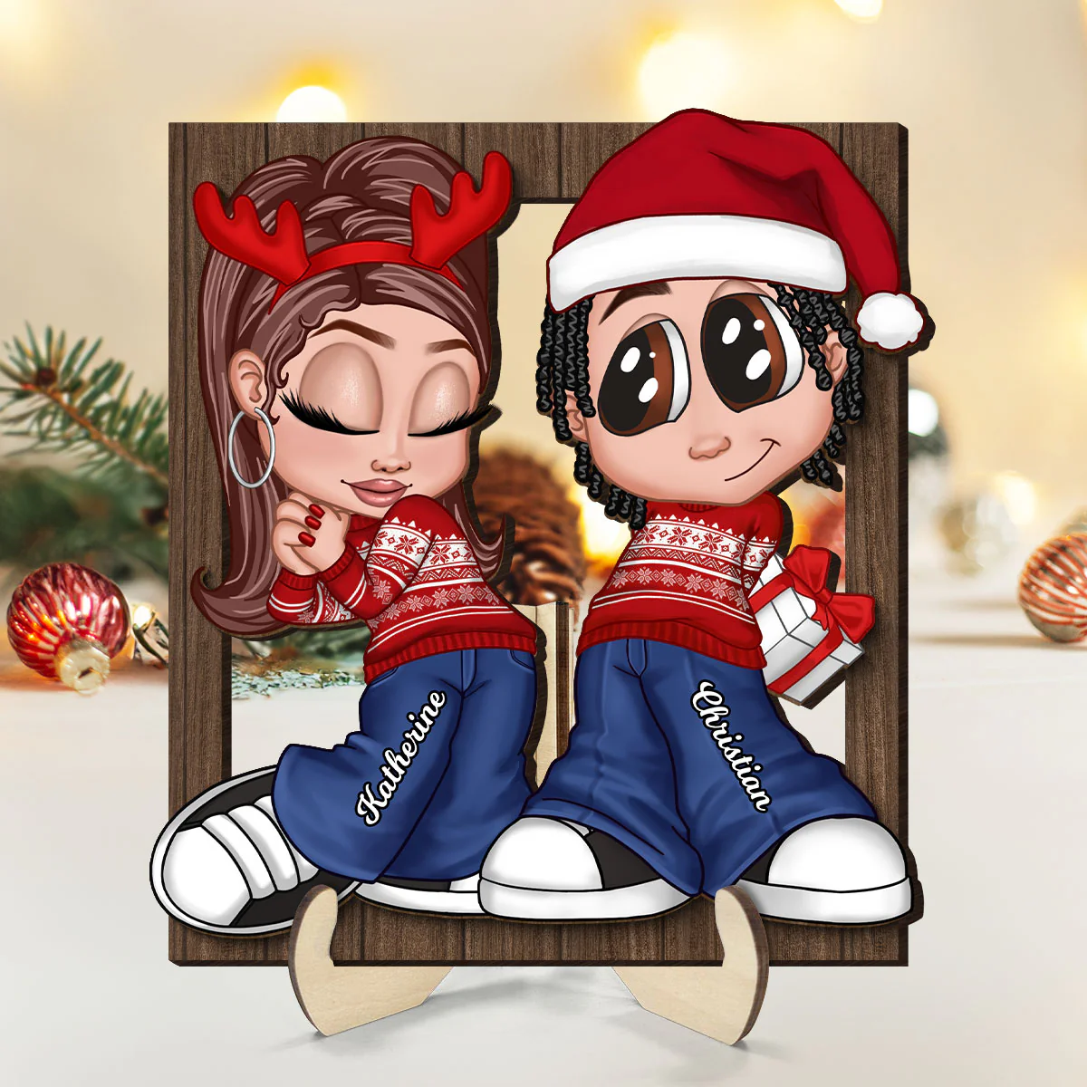 Christmas Y2K Couple Frame Personalized 2-Layer Wooden Plaque - Image 2