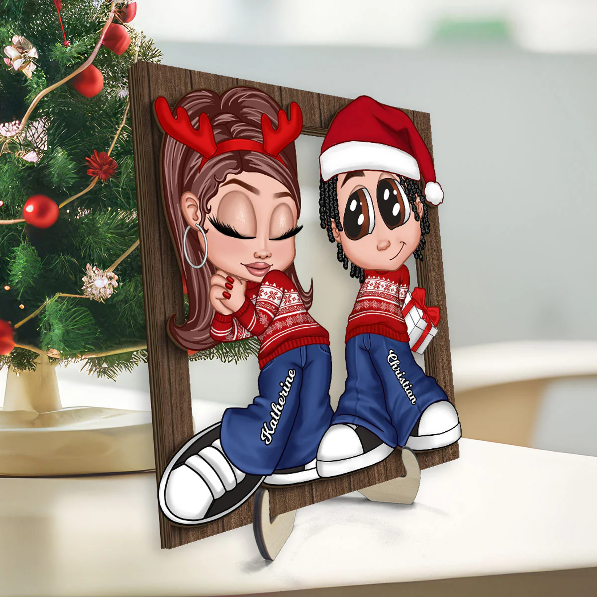 Christmas Y2K Couple Frame Personalized 2-Layer Wooden Plaque - Image 3