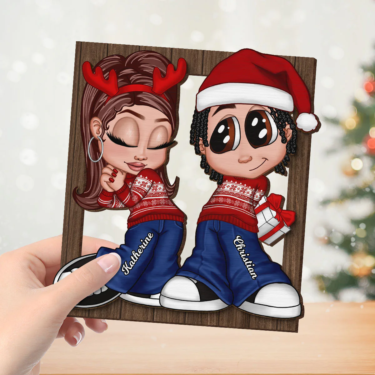 Christmas Y2K Couple Frame Personalized 2-Layer Wooden Plaque - Image 4