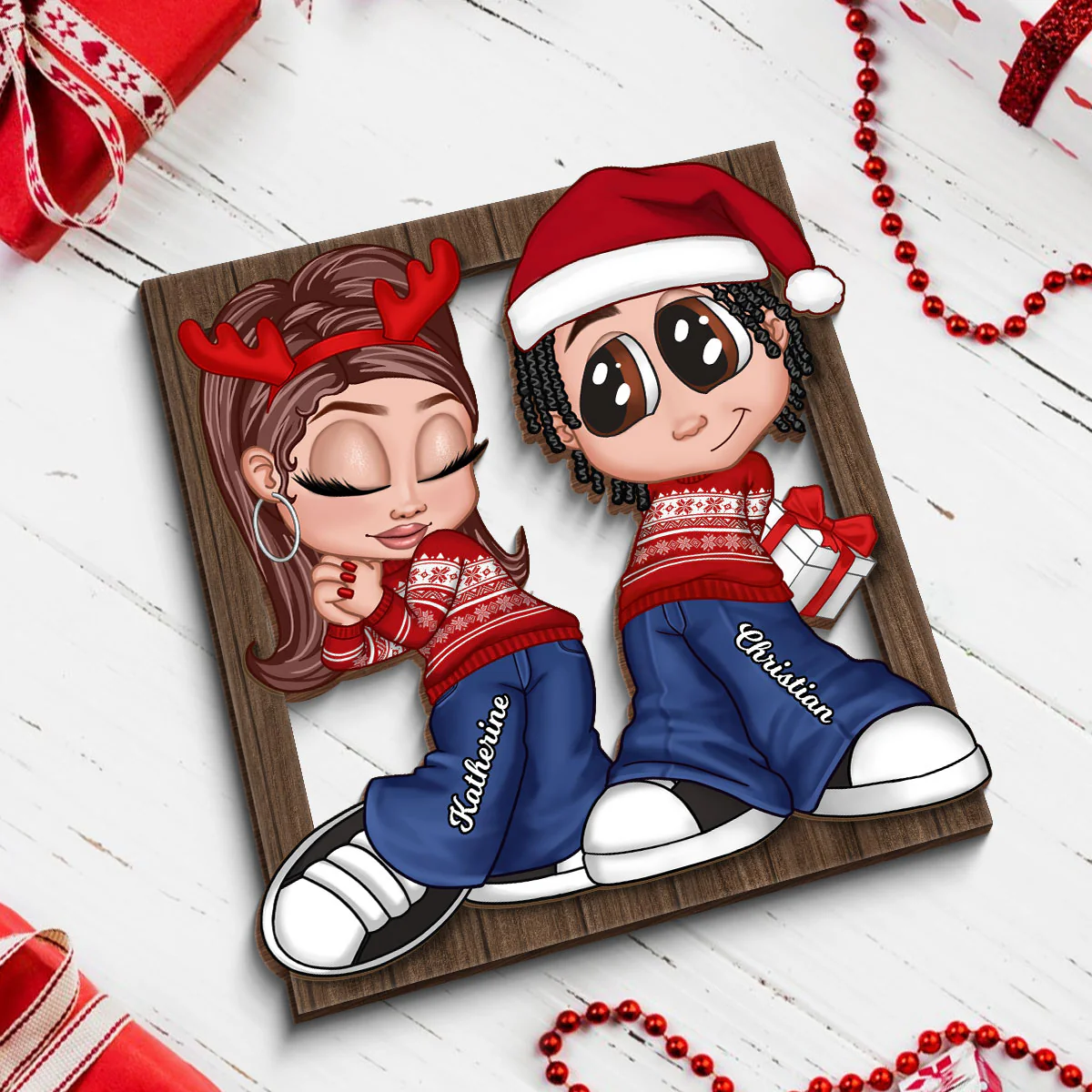 Christmas Y2K Couple Frame Personalized 2-Layer Wooden Plaque - Image 5