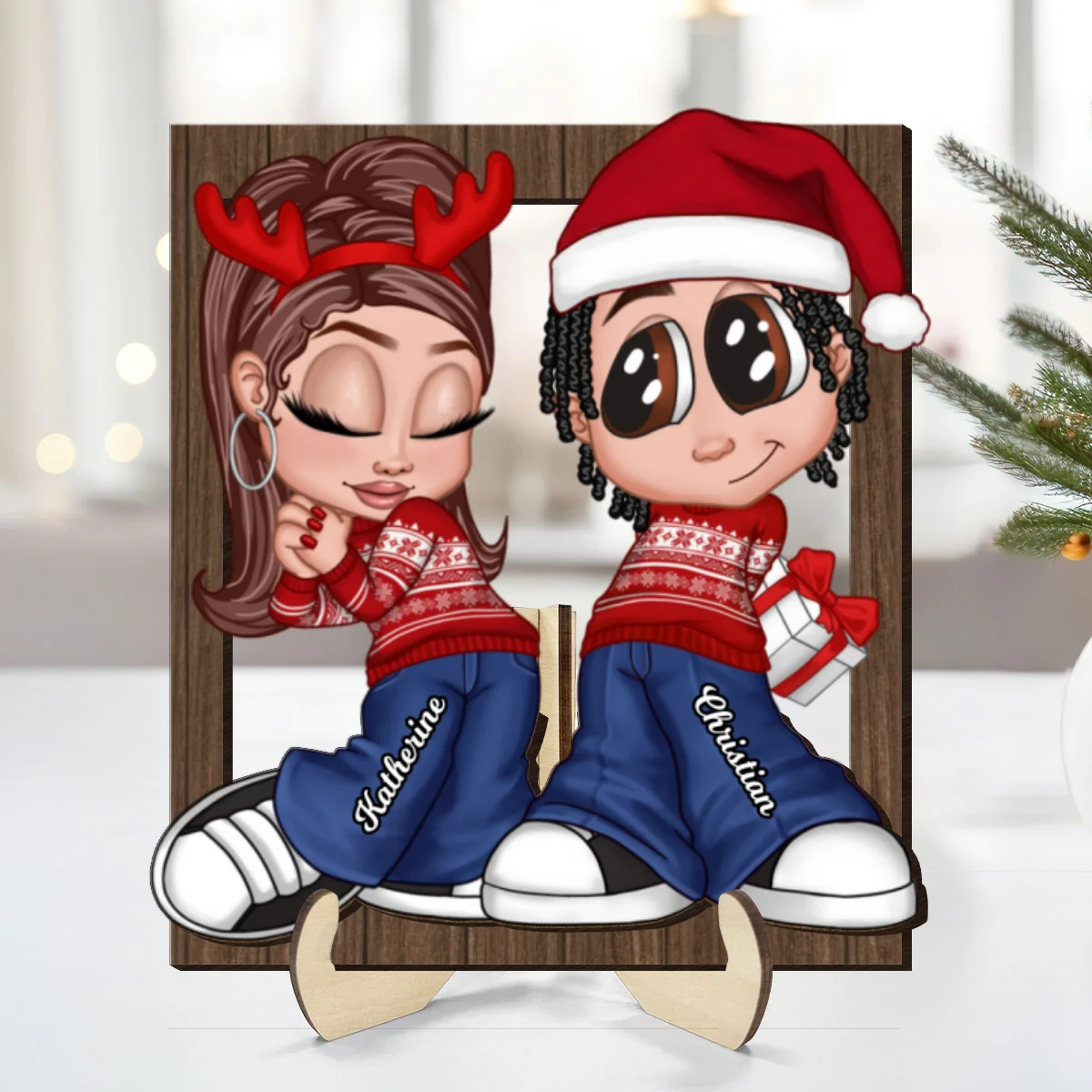 Christmas Y2K Couple Frame Personalized 2-Layer Wooden Plaque - Image 8