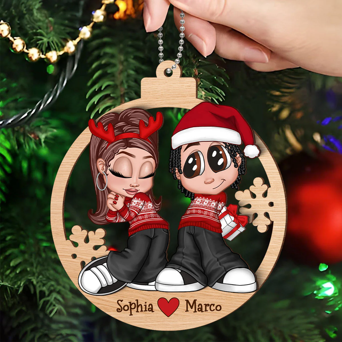 Christmas Y2K Couple Personalized 2-Layer Wooden Ornament - Image 2