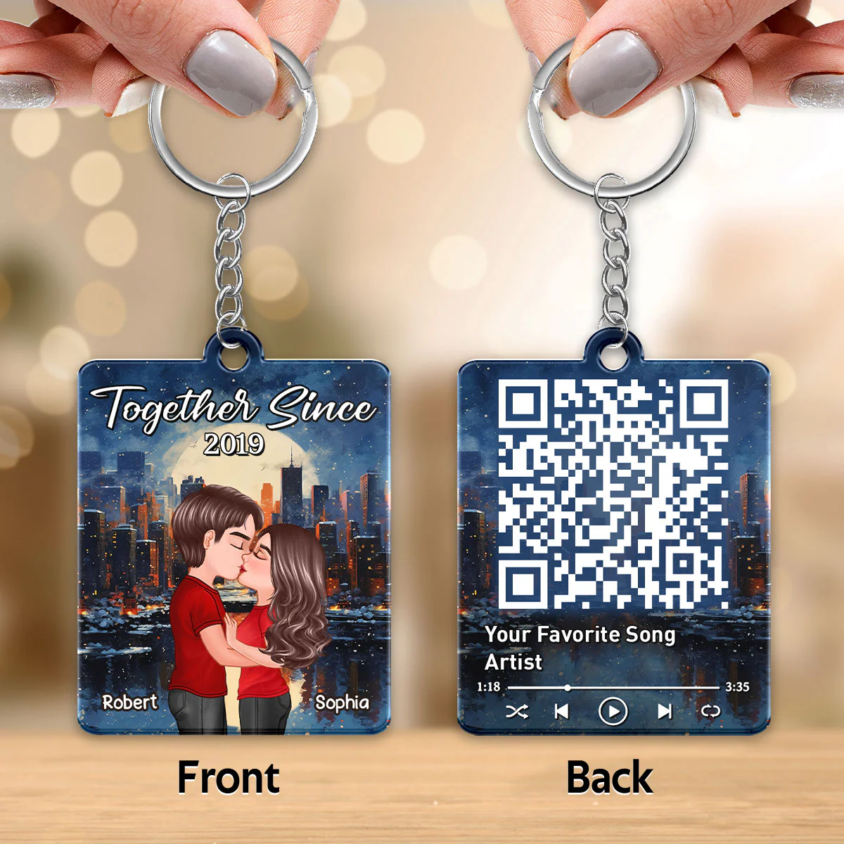 City Night Doll Couple Kissing Favorite Song QR Code Personalized Acrylic Keychain - Image 3
