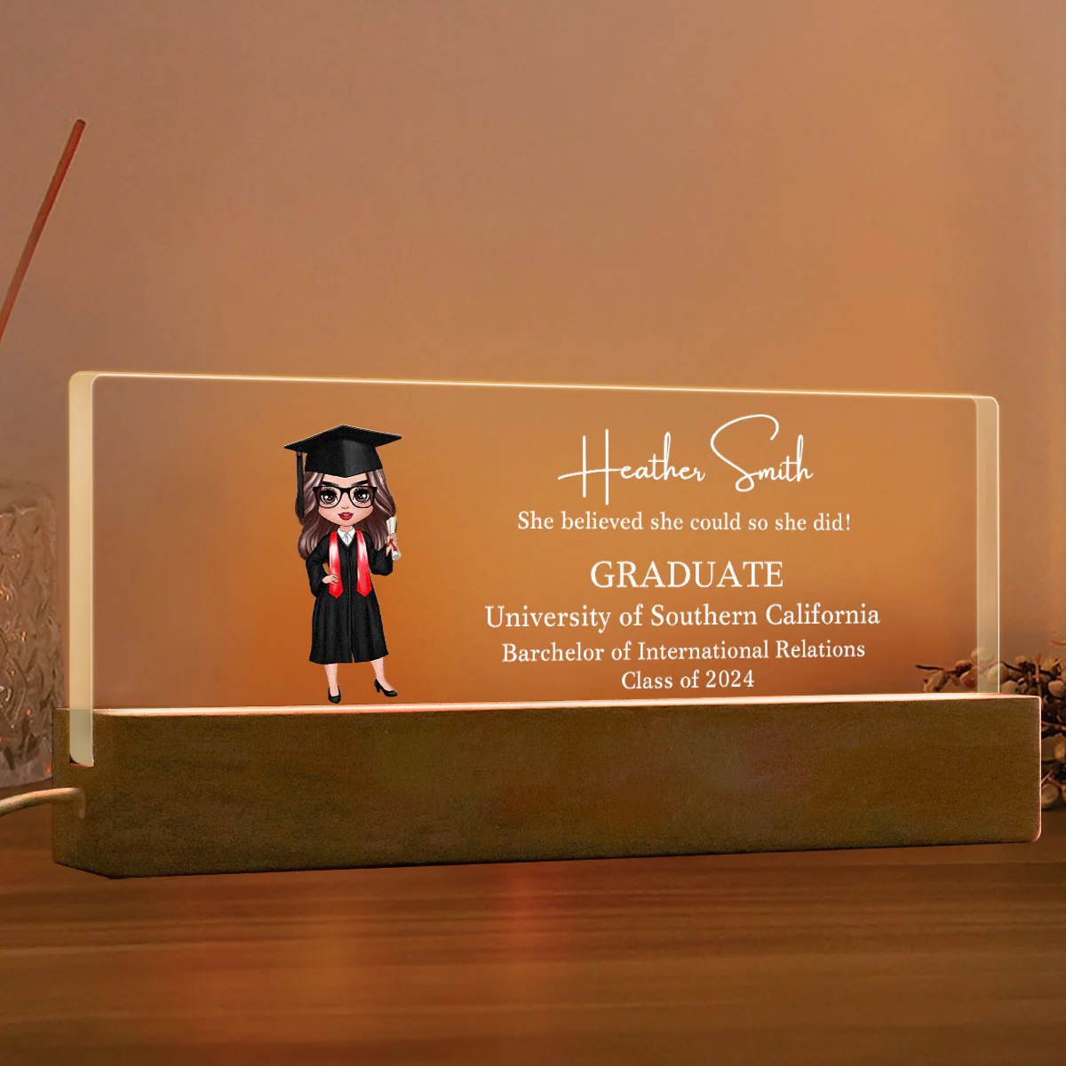 Class Of 2025 Senior Doll Graduation Gift For Daughter Personalized Acrylic LED Night Light - Image 2