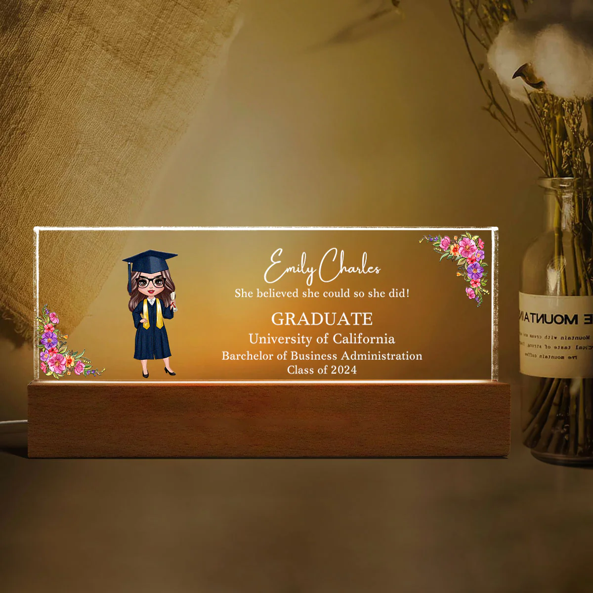 Class Of 2025 Senior Doll Graduation Gift For Daughter Personalized Acrylic LED Night Light - Image 5