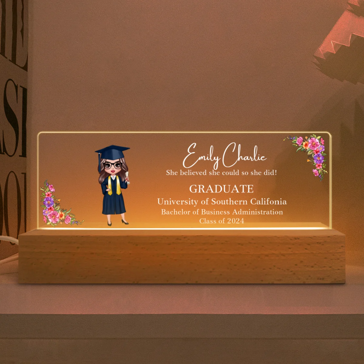 Class Of 2025 Senior Doll Graduation Gift For Daughter Personalized Acrylic LED Night Light - Image 7
