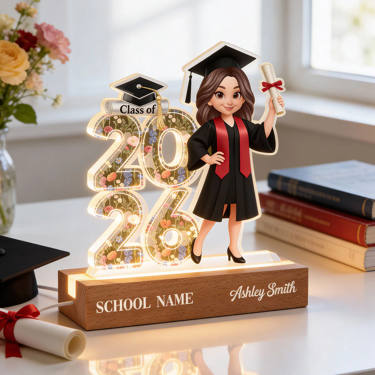 Class Of 2026 2027 Senior Floral - Personalized Acrylic Block LED Night Light - Graduation Gift For Graduates, Daughter - Image 3