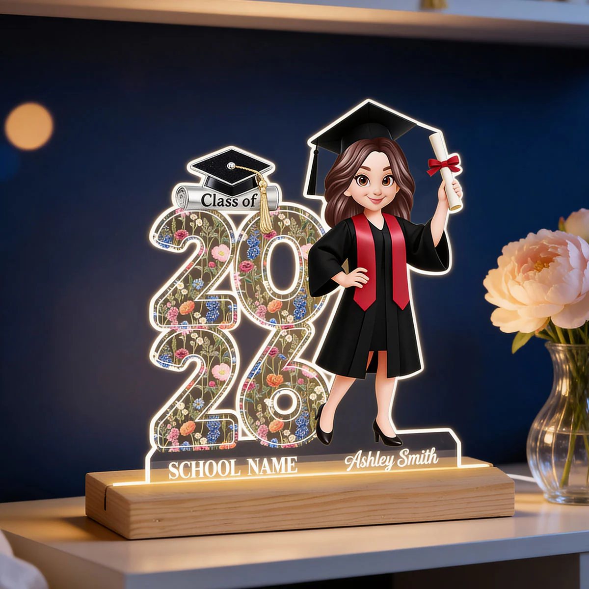 Class Of 2026 2027 Senior Floral - Personalized Acrylic Plaque LED Night Light - Graduation Gift For Graduates, Daughter - Image 2