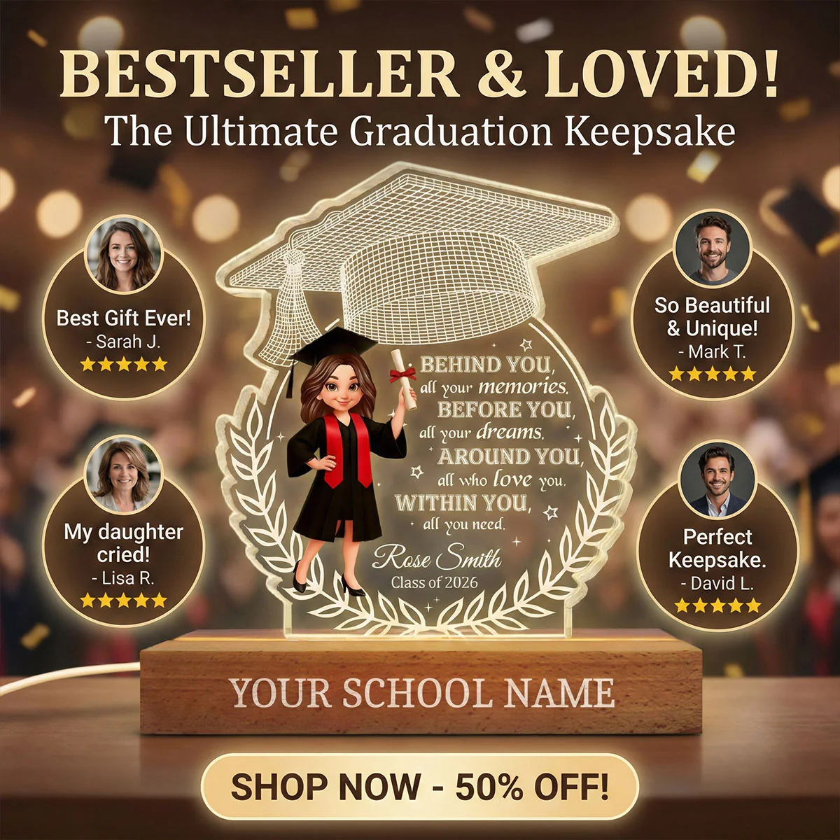 Class Of Graduation Year Senior Behind You All Your Memories - Personalized Acrylic Block Plaque LED Night Light - Gift For Graduation Day, Graduation Gift, Keepsake - Image 6