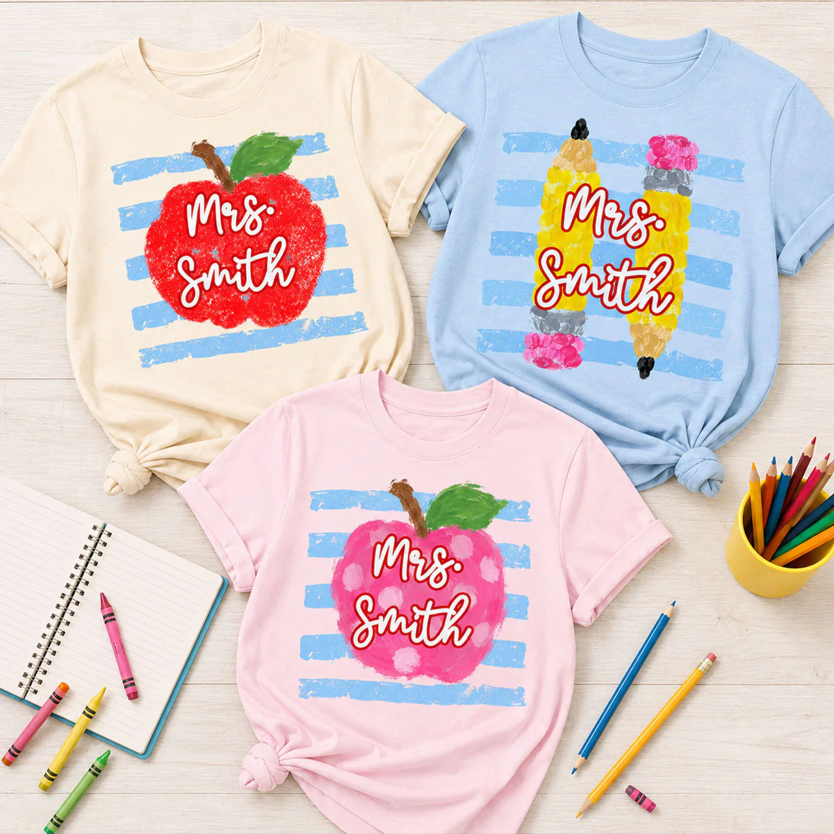 Coastal Apple Pencil Stripes - Personalized Shirt - Back To School Gift For Teacher - Image 2