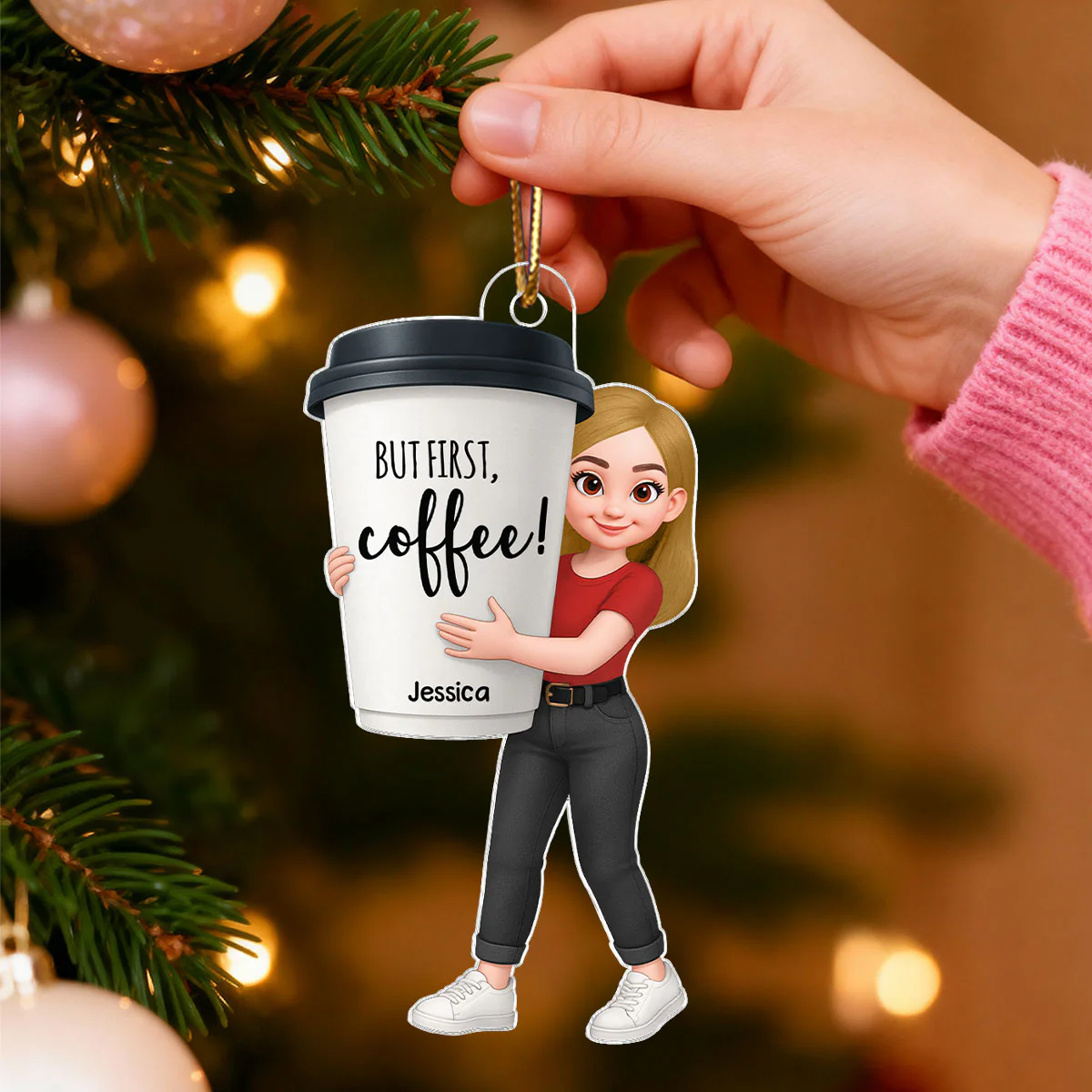 Coffee Girl 3D Effect - Personalized Acrylic Ornament - Christmas Gift For Coffee Lovers - Image 3
