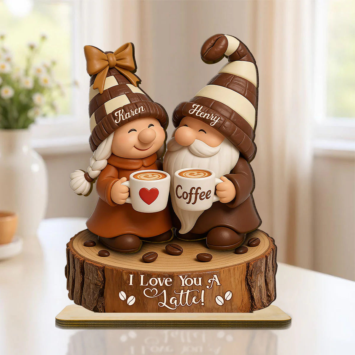 Coffee Gnome Couple - Personalized Standing Wooden Plaque - Gift for Couple - Image 2