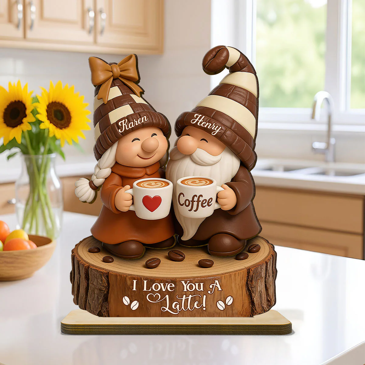 Coffee Gnome Couple - Personalized Standing Wooden Plaque - Gift for Couple - Image 3