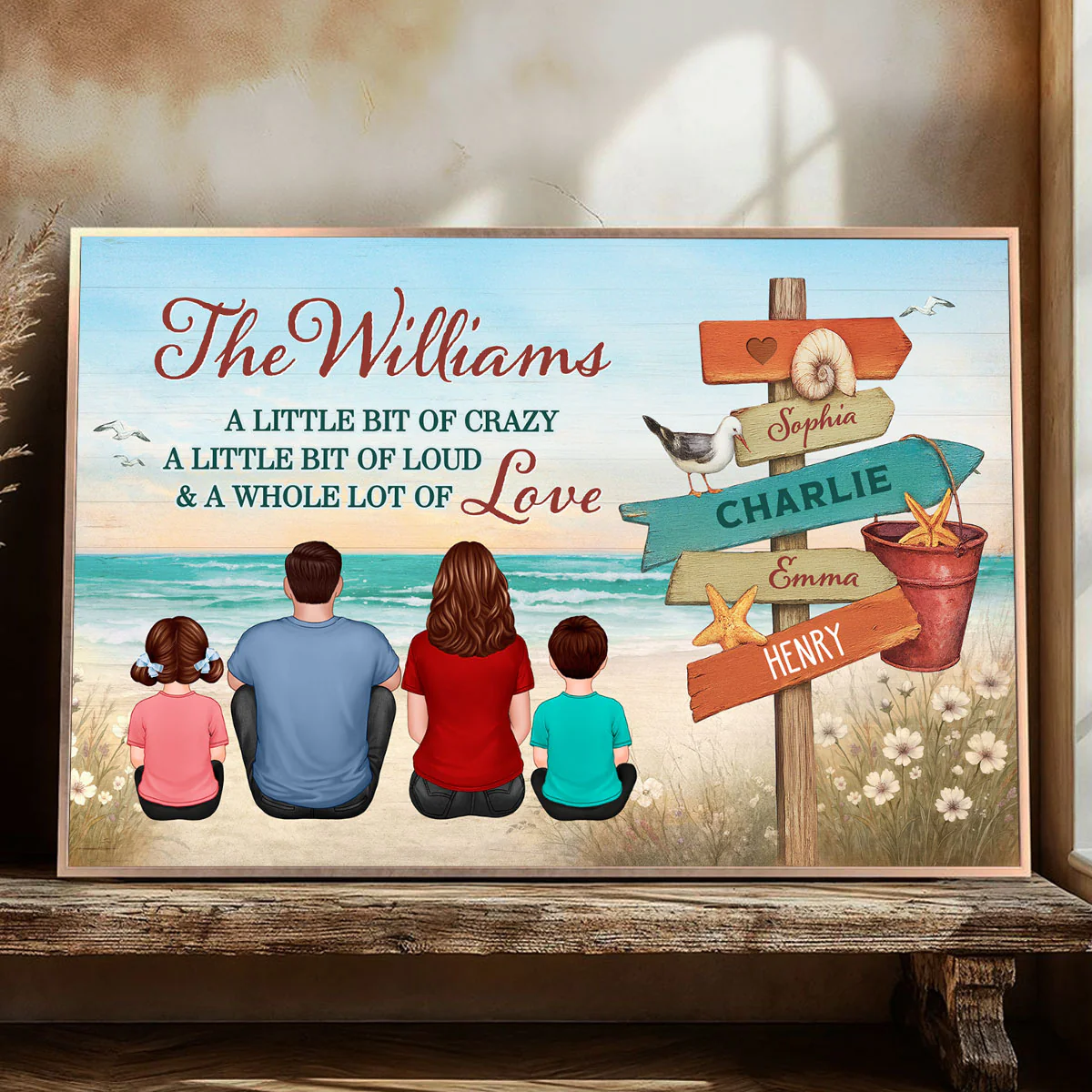 Colored Wood Pallet Family Sitting At Beach Personalized Poster - Image 5