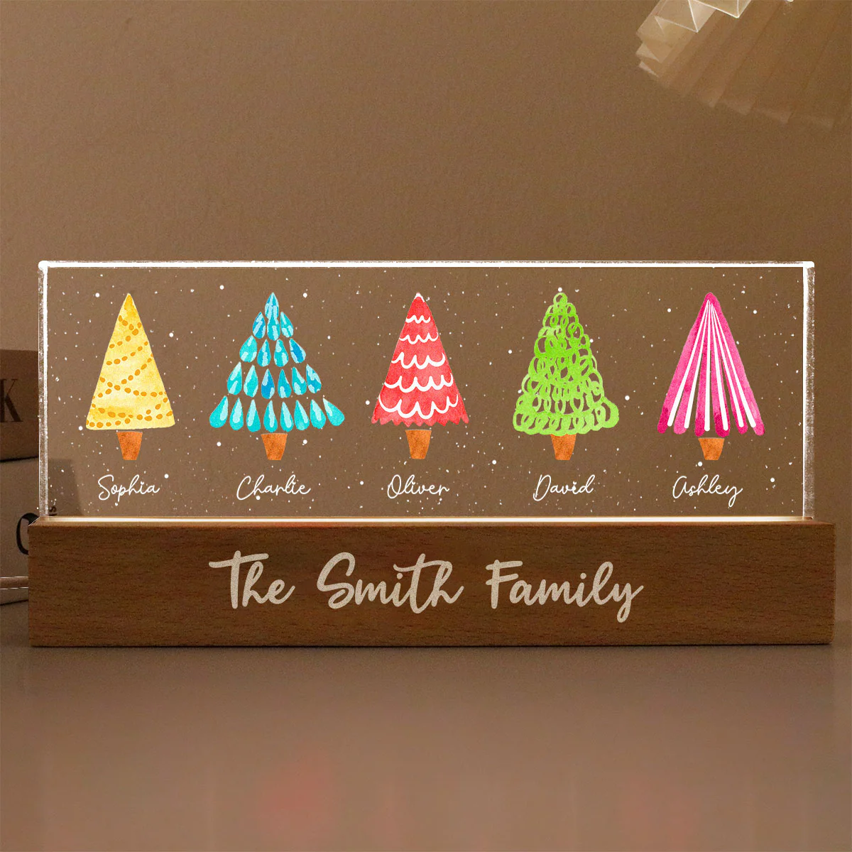Colorful Christmas Tree Family Personalized Acrylic Block LED Night Light - Image 4