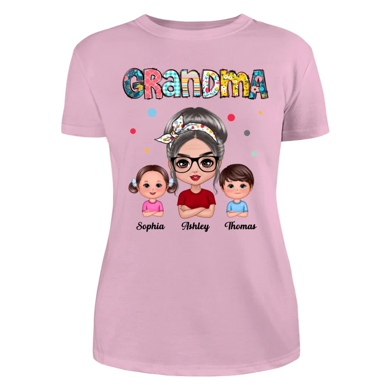 Colorful Doodle Pattern Doll Grandma & Grandkids Personalized Shirt - Image 11