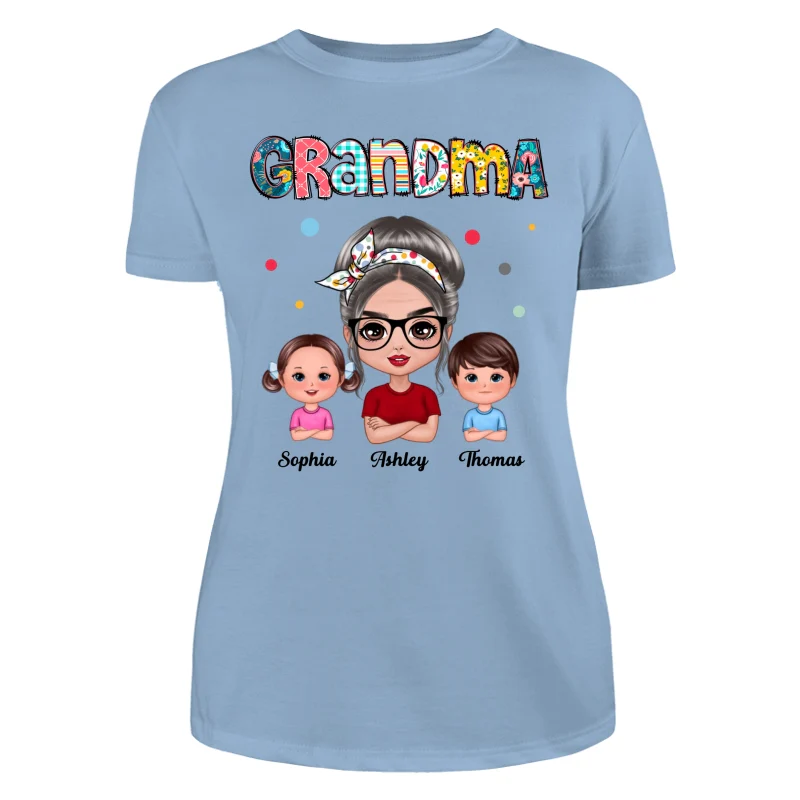 Colorful Doodle Pattern Doll Grandma & Grandkids Personalized Shirt - Image 12