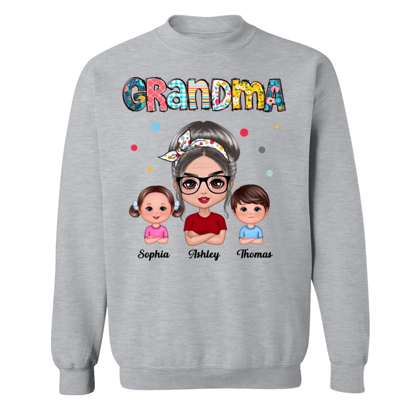 Colorful Doodle Pattern Doll Grandma & Grandkids Personalized Shirt - Image 18