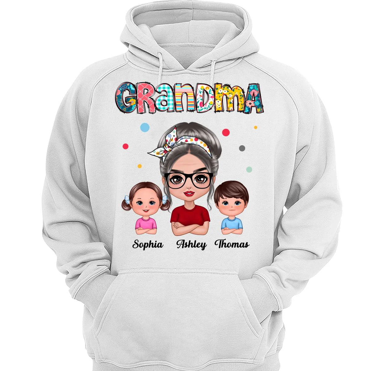 Colorful Doodle Pattern Doll Grandma & Grandkids Personalized Shirt - Image 3
