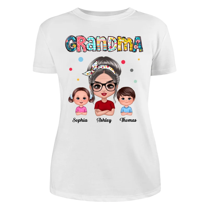 Colorful Doodle Pattern Doll Grandma & Grandkids Personalized Shirt - Image 9