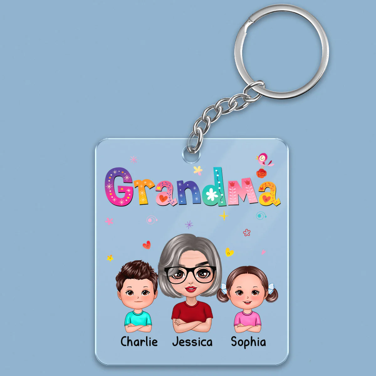 Colorful Floral Pattern Grandma Mom Auntie With Kids Personalized Acrylic Keychain - Image 2