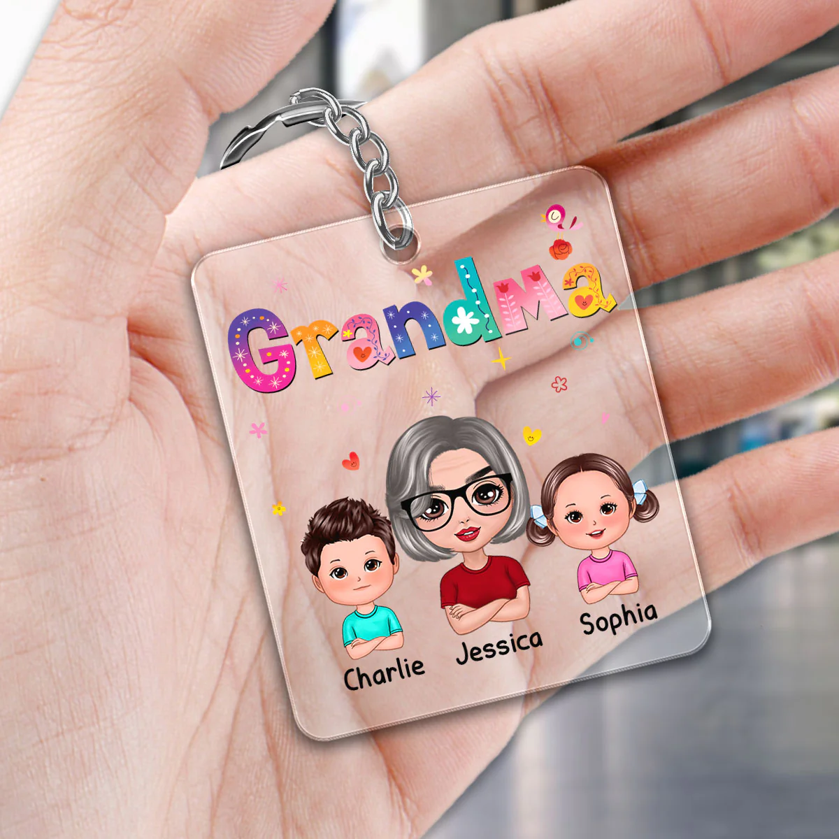Colorful Floral Pattern Grandma Mom Auntie With Kids Personalized Acrylic Keychain - Image 4